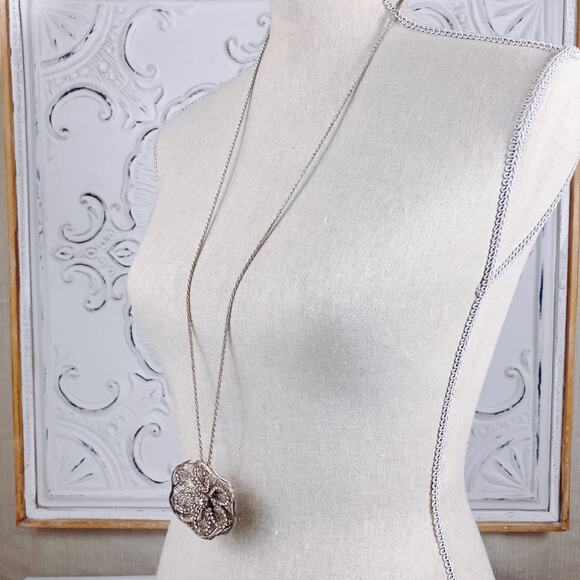 Large Wire Rhinestone Flower 2" Pendant Necklace, Extra Long 36" Chain - Picture 2 of 8